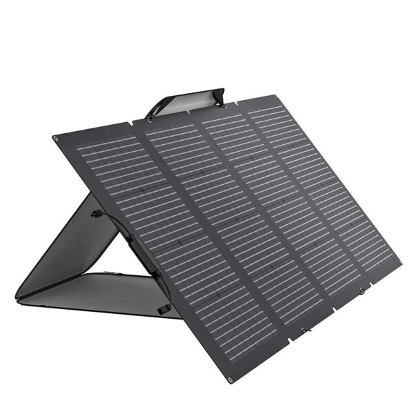 Ecoflow Solarpanel bifazial, aufgestellt, schraeg. 220 W.
