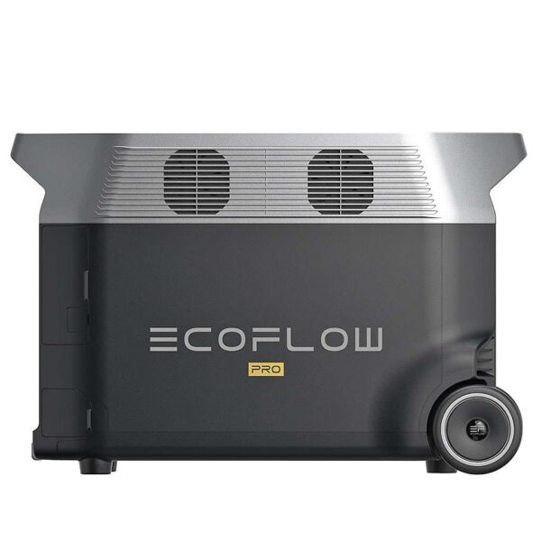 Delta pro Powerstation von linker Seite, großes Ecoflow Logo in silber, Rollen und Lueftung ersichtlich