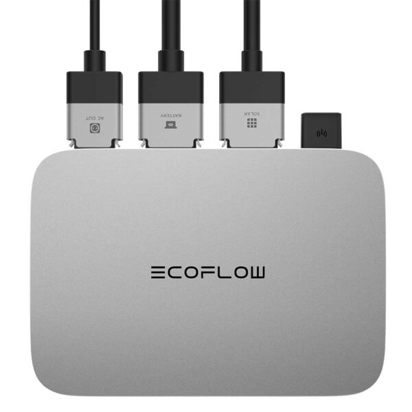Nahansicht Powerstream Ecoflow, silber mit schwarzem EcoFlow Logo