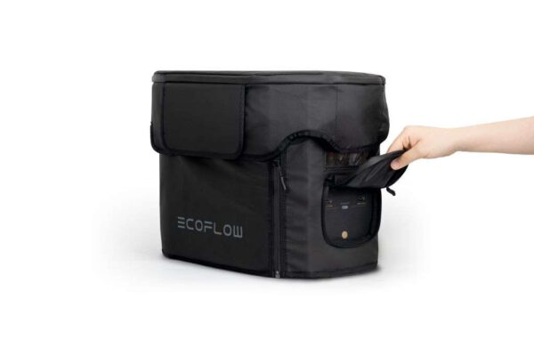 Trage- und Schutztasche für EcoFlow Delta Max mit geöffneter Lasche für USB Anschlüsse