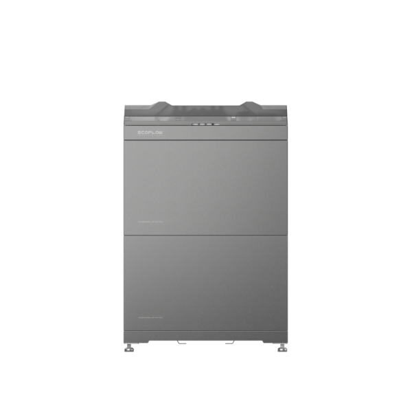 zwei 5kWh Heimspeicherbatterien gestapelt auf einem Standfuß vor weißem Hintergrund, betrachtet von vorne