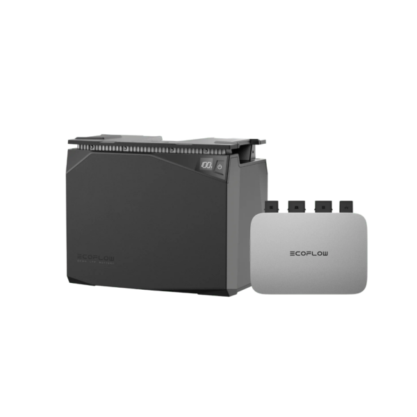2kWh LFP Batterie, IP54 geschützt, mit Mikrowechselrichter (EcoFlow PowerStream 600W) auf weißem Hintergrund