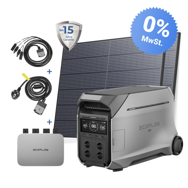 EcoFlow Delta Pro 3 inkl. Powerstream, 2x400W Solarpanels und Anschlusskabel auf weißem Hintergrund