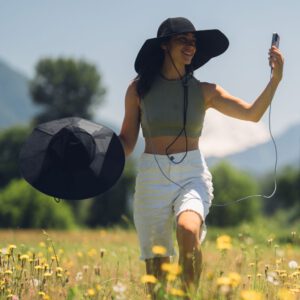 Eine Frau trägt den EcoFlow Solarhut auf dem Kopf und einen weiteren hält sie in der Hand und lädt damit ihr Smartphone auf einer Wiese